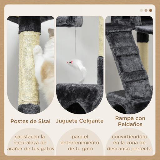 Árbol para Gatos Torre para Gatos con Nidos Escaleras Juguetes Colgantes y Postes de Sisal 49x49x173 cm Gris Oscuro [3]
