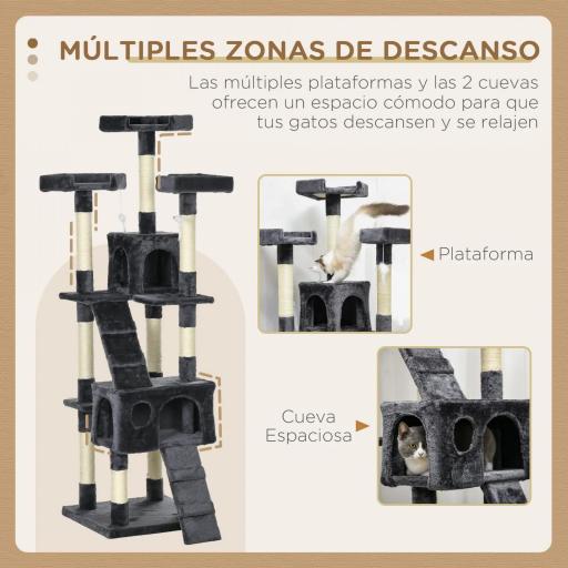 Árbol para Gatos Torre para Gatos con Nidos Escaleras Juguetes Colgantes y Postes de Sisal 49x49x173 cm Gris Oscuro [4]