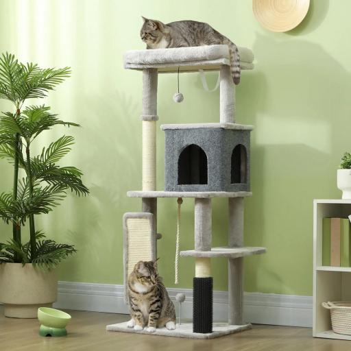 Árbol Rascador para Gatos 132 cm con Plataformas Poste con Cepillo Bolas Colgantes y Almohadilla para Rascar Gris Claro