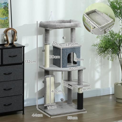 Árbol Rascador para Gatos 132 cm con Plataformas Poste con Cepillo Bolas Colgantes y Almohadilla para Rascar Gris Claro [1]