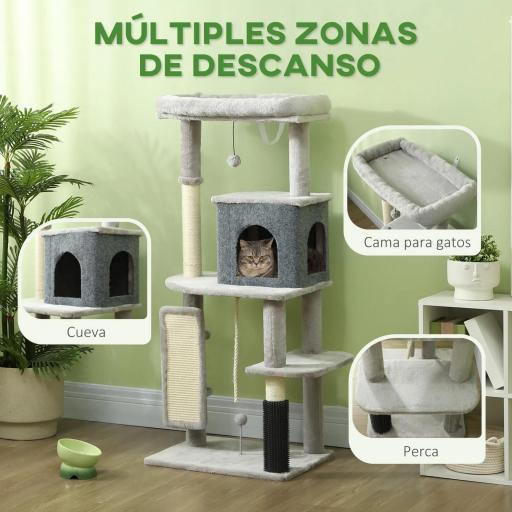 Árbol Rascador para Gatos 132 cm con Plataformas Poste con Cepillo Bolas Colgantes y Almohadilla para Rascar Gris Claro [2]