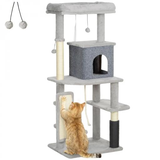 Árbol Rascador para Gatos 132 cm con Plataformas Poste con Cepillo Bolas Colgantes y Almohadilla para Rascar Gris Claro [8]