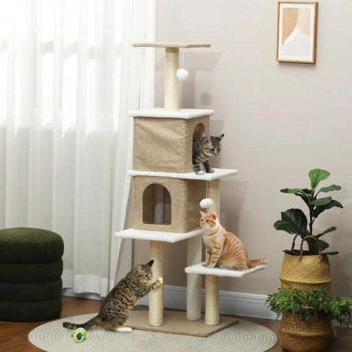 Árbol Rascador para Gatos de Borreguito de 140 cm con 2 Cuevas Plataformas Bolas Colgantes y Poste de Sisal Marrón Claro