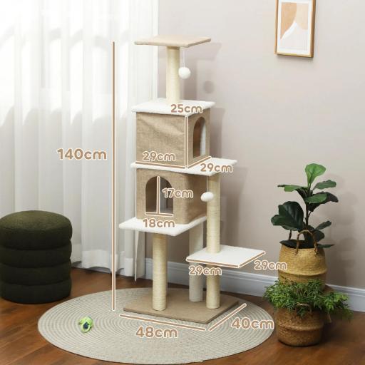Árbol Rascador para Gatos de Borreguito de 140 cm con 2 Cuevas Plataformas Bolas Colgantes y Poste de Sisal Marrón Claro [1]
