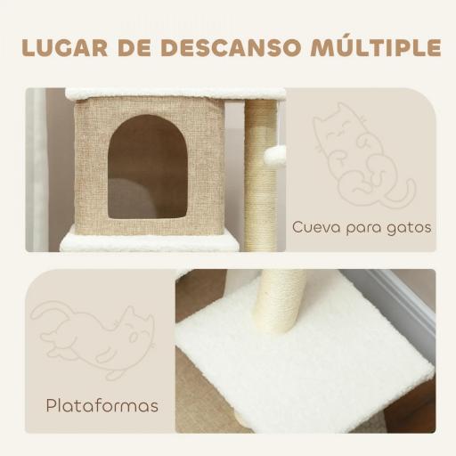 Árbol Rascador para Gatos de Borreguito de 140 cm con 2 Cuevas Plataformas Bolas Colgantes y Poste de Sisal Marrón Claro [2]
