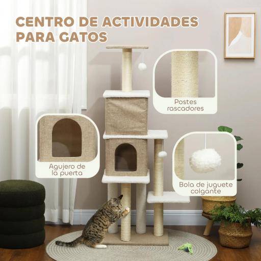 Árbol Rascador para Gatos de Borreguito de 140 cm con 2 Cuevas Plataformas Bolas Colgantes y Poste de Sisal Marrón Claro [3]