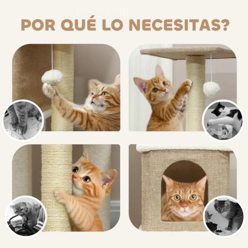 Árbol Rascador para Gatos de Borreguito de 140 cm con 2 Cuevas Plataformas Bolas Colgantes y Poste de Sisal Marrón Claro [5]