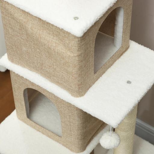 Árbol Rascador para Gatos de Borreguito de 140 cm con 2 Cuevas Plataformas Bolas Colgantes y Poste de Sisal Marrón Claro [6]