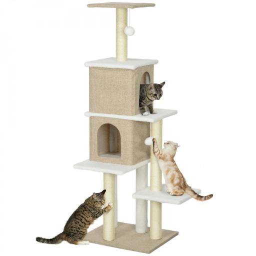 Árbol Rascador para Gatos de Borreguito de 140 cm con 2 Cuevas Plataformas Bolas Colgantes y Poste de Sisal Marrón Claro [8]