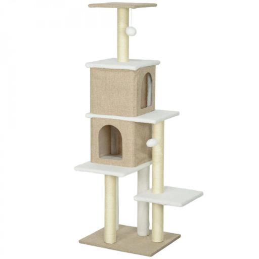 Árbol Rascador para Gatos de Borreguito de 140 cm con 2 Cuevas Plataformas Bolas Colgantes y Poste de Sisal Marrón Claro [10]