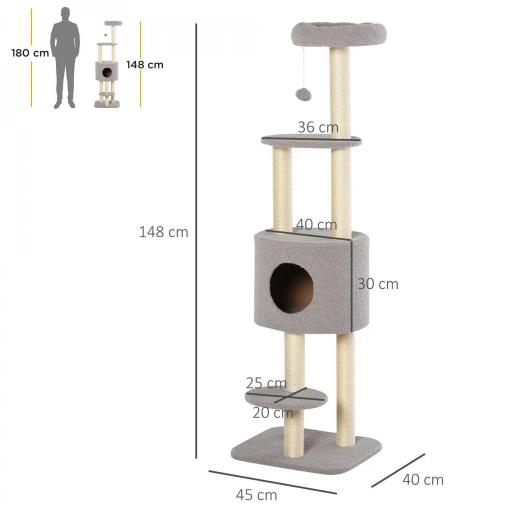 Árbol Rascador para Gatos Altura 148 cm Árbol para Gatos con Postes de Sisal Plataformas Casa y Bola Colgante Gris [1]