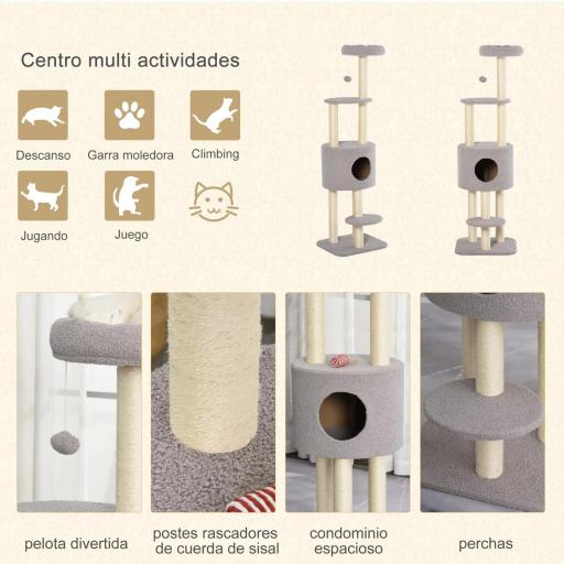 Árbol Rascador para Gatos Altura 148 cm Árbol para Gatos con Postes de Sisal Plataformas Casa y Bola Colgante Gris [2]