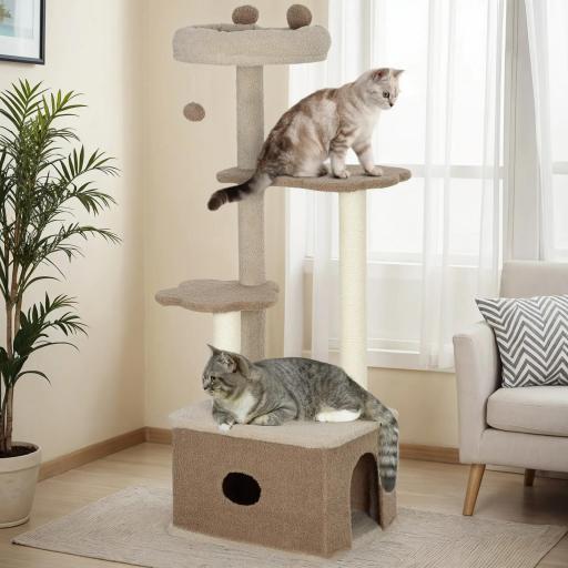 Árbol Rascador para Gatos Altura 133 cm Torre para Gatos con Nido Plataformas Bola Colgante y Poste de Yute Café