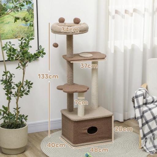 Árbol Rascador para Gatos Altura 133 cm Torre para Gatos con Nido Plataformas Bola Colgante y Poste de Yute Café [1]