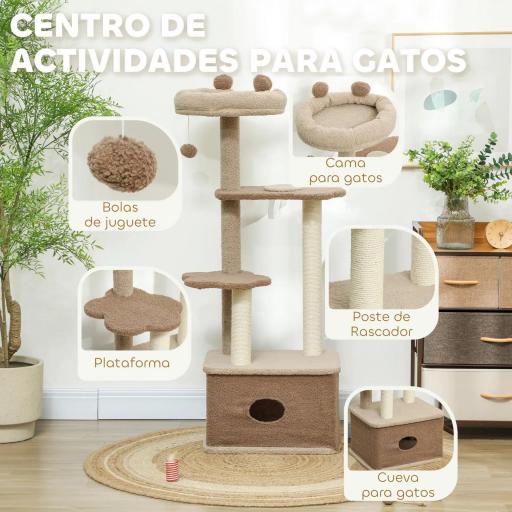 Árbol Rascador para Gatos Altura 133 cm Torre para Gatos con Nido Plataformas Bola Colgante y Poste de Yute Café [3]