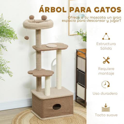 Árbol Rascador para Gatos Altura 133 cm Torre para Gatos con Nido Plataformas Bola Colgante y Poste de Yute Café [4]