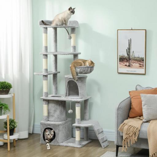 Árbol Rascador para Gatos Grande Altura 170 cm con 7 Postes 1 Túnel 3 Plataformas 2 Cuevas 1 Hamaca Gris Claro