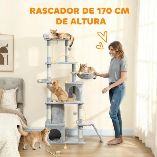Árbol Rascador para Gatos Grande Altura 170 cm con 7 Postes 1 Túnel 3 Plataformas 2 Cuevas 1 Hamaca Gris Claro [6]
