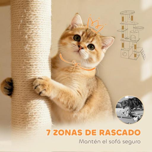 Árbol Rascador para Gatos Grande Altura 170 cm con 7 Postes 1 Túnel 3 Plataformas 2 Cuevas 1 Hamaca Gris Claro [5]
