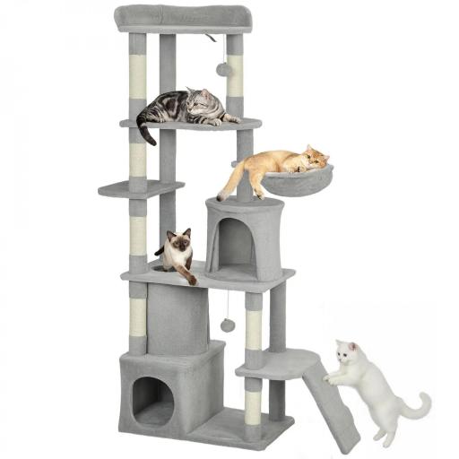 Árbol Rascador para Gatos Grande Altura 170 cm con 7 Postes 1 Túnel 3 Plataformas 2 Cuevas 1 Hamaca Gris Claro [8]