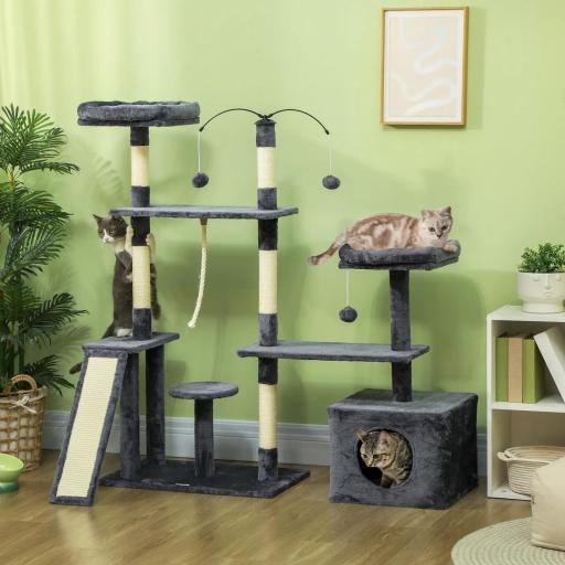 Rascador para Gatos 134 cm Torre para Gatos con Nidos Plataformas Bolas de Juguete y Postes de Sisal Gris Oscuro