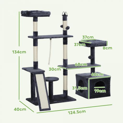 Rascador para Gatos 134 cm Torre para Gatos con Nidos Plataformas Bolas de Juguete y Postes de Sisal Gris Oscuro [1]