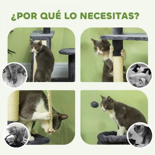 Rascador para Gatos 134 cm Torre para Gatos con Nidos Plataformas Bolas de Juguete y Postes de Sisal Gris Oscuro [3]