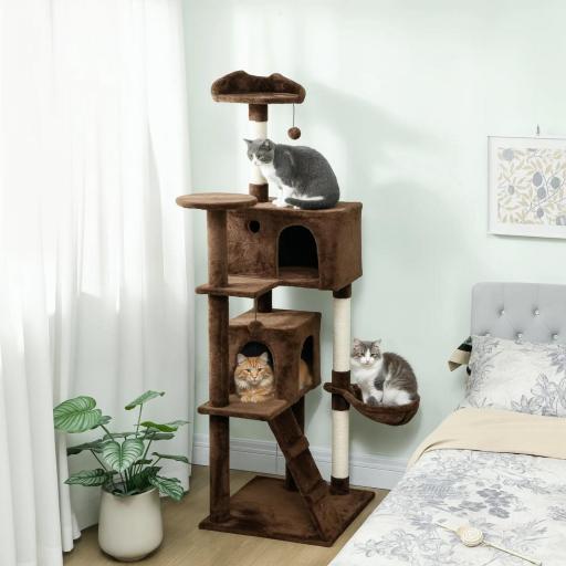 Árbol Rascador para Gatos 180 cm con Plataformas Cama 2 Cuevas Hamaca Escalera Postes de Sisal Marrón