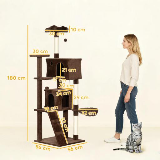 Árbol Rascador para Gatos 180 cm con Plataformas Cama 2 Cuevas Hamaca Escalera Postes de Sisal Marrón [1]