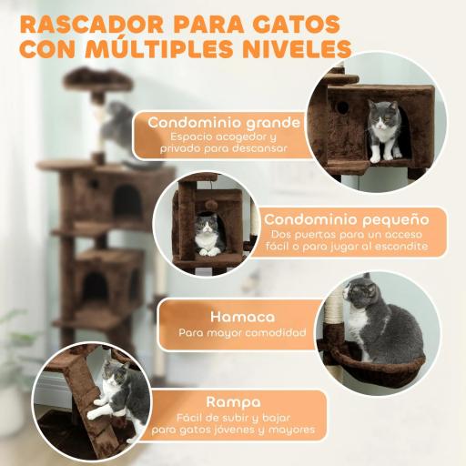 Árbol Rascador para Gatos 180 cm con Plataformas Cama 2 Cuevas Hamaca Escalera Postes de Sisal Marrón [2]