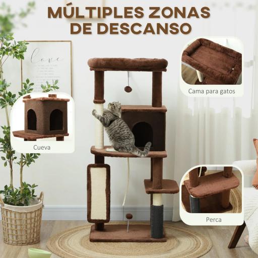 Árbol Rascador para Gatos 132 cm con Plataformas Poste con Cepillo Bolas Colgantes y Almohadilla para Rascar Marrón [3]