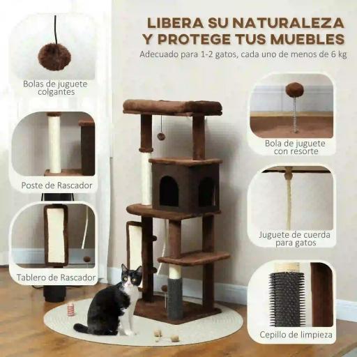 Árbol Rascador para Gatos 132 cm con Plataformas Poste con Cepillo Bolas Colgantes y Almohadilla para Rascar Marrón [1]