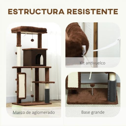 Árbol Rascador para Gatos 132 cm con Plataformas Poste con Cepillo Bolas Colgantes y Almohadilla para Rascar Marrón [4]