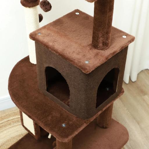 Árbol Rascador para Gatos 132 cm con Plataformas Poste con Cepillo Bolas Colgantes y Almohadilla para Rascar Marrón [7]