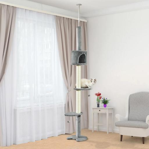 Árbol Rascador para Gatos Rascador para Fijar al Techo Altura 255 cm con Plataformas Cueva Postes de Sisal Bolas Colgantes Gris Claro