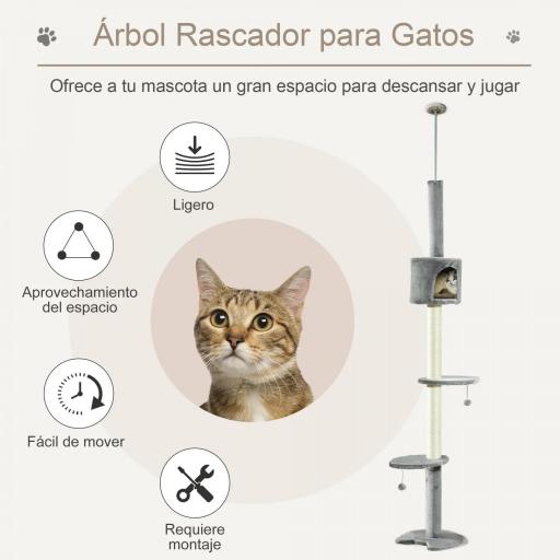 Árbol Rascador para Gatos Rascador para Fijar al Techo Altura 255 cm con Plataformas Cueva Postes de Sisal Bolas Colgantes Gris Claro [2]