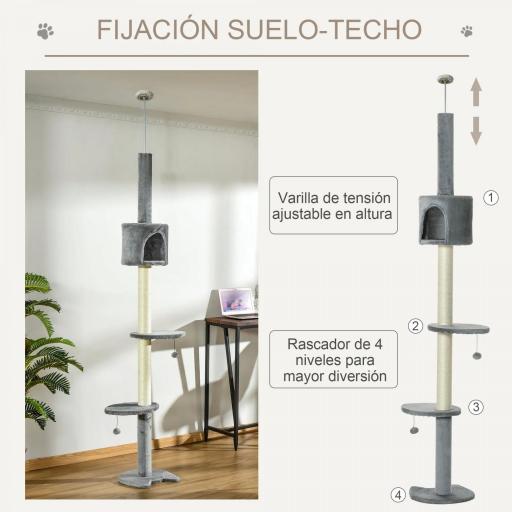 Árbol Rascador para Gatos Rascador para Fijar al Techo Altura 255 cm con Plataformas Cueva Postes de Sisal Bolas Colgantes Gris Claro [4]