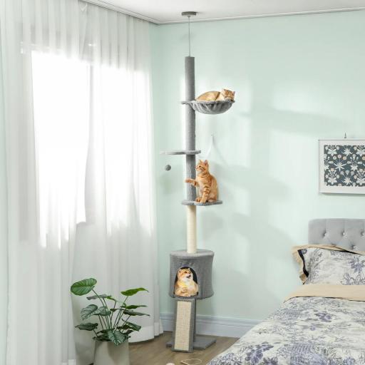 Árbol para Gatos de Piso a Techo Altura Ajustable 220-240cm con Hamaca Plataformas en Flor Cuevas Rampa Bola Gris Claro