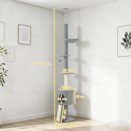 Árbol para Gatos de Piso a Techo Altura Ajustable 220-240cm con Hamaca Plataformas en Flor Cuevas Rampa Bola Gris Claro [2]