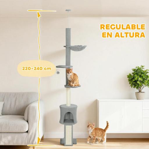 Árbol para Gatos de Piso a Techo Altura Ajustable 220-240cm con Hamaca Plataformas en Flor Cuevas Rampa Bola Gris Claro [3]