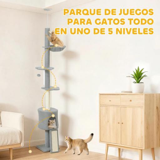 Árbol para Gatos de Piso a Techo Altura Ajustable 220-240cm con Hamaca Plataformas en Flor Cuevas Rampa Bola Gris Claro [5]