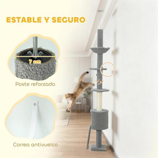Árbol para Gatos de Piso a Techo Altura Ajustable 220-240cm con Hamaca Plataformas en Flor Cuevas Rampa Bola Gris Claro [4]