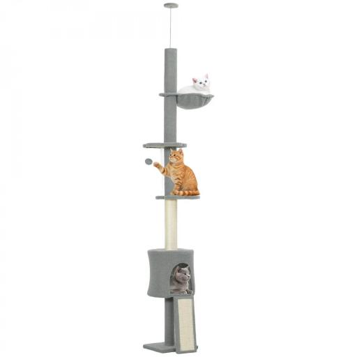 Árbol para Gatos de Piso a Techo Altura Ajustable 220-240cm con Hamaca Plataformas en Flor Cuevas Rampa Bola Gris Claro [7]