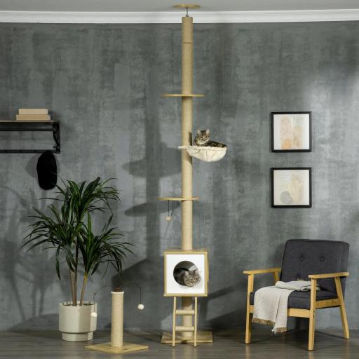 Árbol para Gatos de Suelo a Techo con Altura Ajustable y Juego de Entretenimiento Libre 40x40x225-285 cm Beige