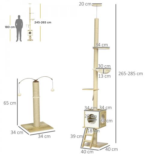 Árbol para Gatos de Suelo a Techo con Altura Ajustable y Juego de Entretenimiento Libre 40x40x225-285 cm Beige [1]