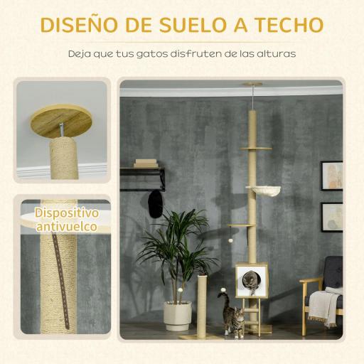 Árbol para Gatos de Suelo a Techo con Altura Ajustable y Juego de Entretenimiento Libre 40x40x225-285 cm Beige [3]