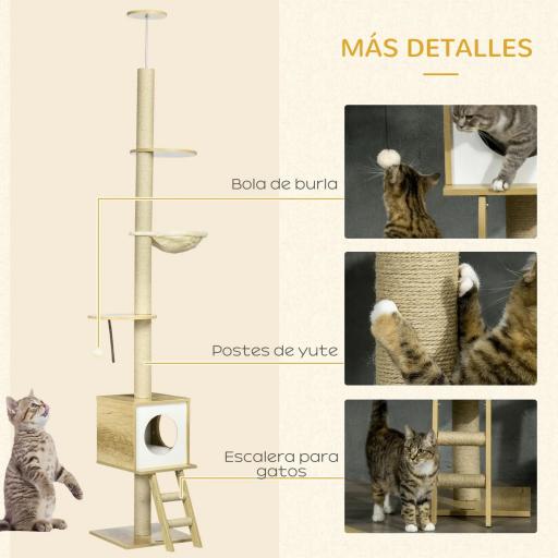 Árbol para Gatos de Suelo a Techo con Altura Ajustable y Juego de Entretenimiento Libre 40x40x225-285 cm Beige [5]