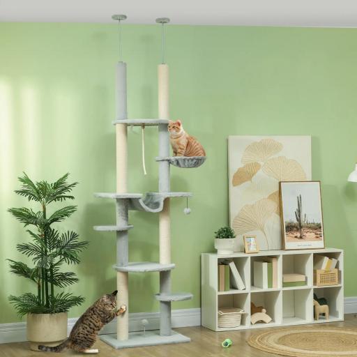 Árbol para Gatos de Suelo a Techo 225-255 cm con Hamacas Plataformas Juguete de Cuerda Bola de Juguete Gris