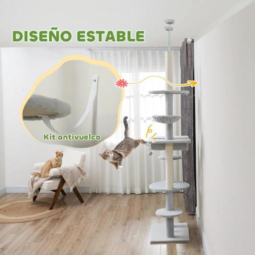 Árbol para Gatos de Suelo a Techo 225-255 cm con Hamacas Plataformas Juguete de Cuerda Bola de Juguete Gris [2]