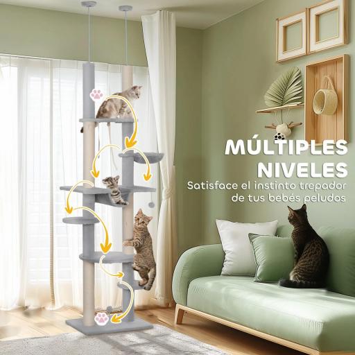 Árbol para Gatos de Suelo a Techo 225-255 cm con Hamacas Plataformas Juguete de Cuerda Bola de Juguete Gris [1]